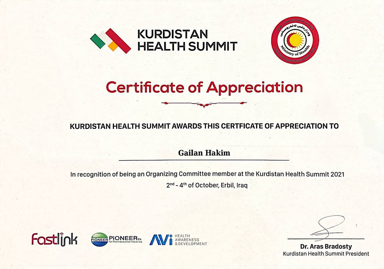 Kurdistan Health Summit certificate, issued October 2021